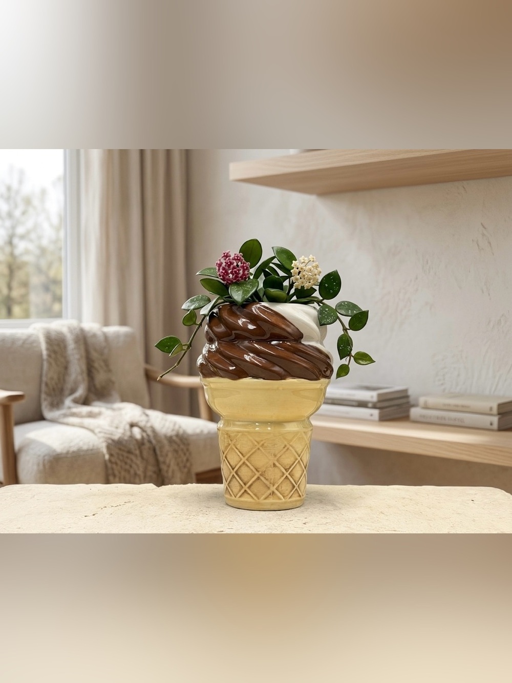 Ice Cream Cone Planter, Small Ceramic Pot, Chocolate Swirl Decorative Desk Decor